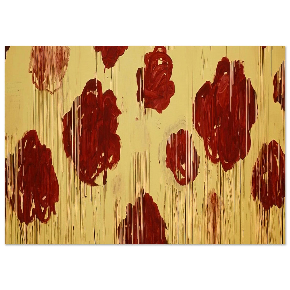 Untitled (Blooming, A Scattering of Blossoms & Other Things) by Cy Twombly poster, 50 × 70 cm / 20 × 28 in: This expressive composition features bold crimson and burgundy forms scattered across a luminous….