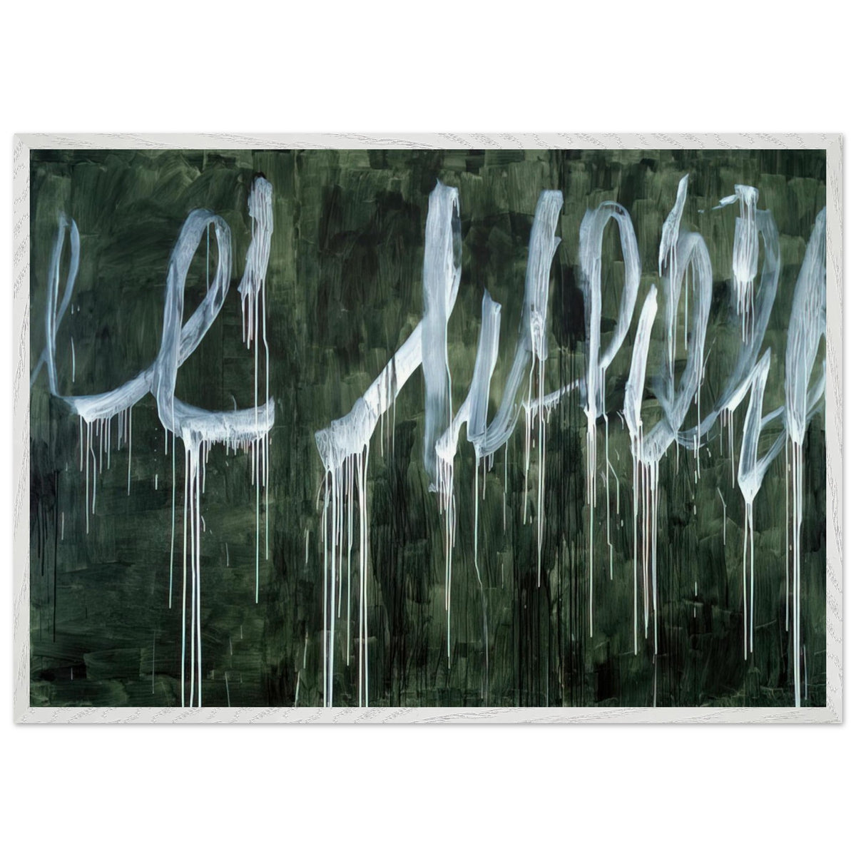 III Notes from Salalah (Note I) by Cy Twombly framed art print; featuring expressive white looping strokes and elongated paint drips against a rich, dark green background; size 70 × 100 cm (28 × 40 in); wood frame.