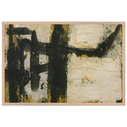 Landscape by Cy Twombly framed art print; featuring bold black and charcoal forms, textured ivory and cream surfaces, and subtle accents of ochre, olive green; size 60 × 90 cm (24 × 36 in); wood frame.