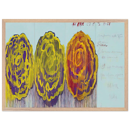 The Rose (III) by Cy Twombly framed art print; featuring three oversized rose-like forms in vivid golden yellow, fiery orange, rich magenta; size 28 × 43 cm (11 × 17 in); black frame.