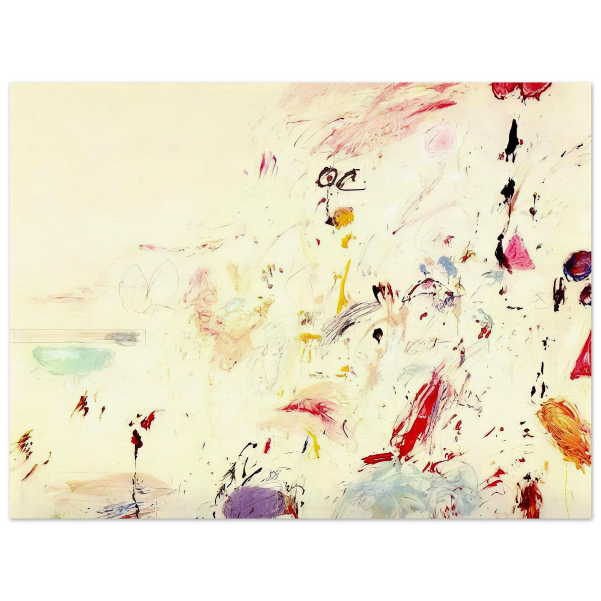 Bay of Naples by Cy Twombly poster, 75 × 100 cm / 30 × 40 in: a luminous cream background, delicate pencil-like marks, and spontaneous brushstrokes in red, pink….