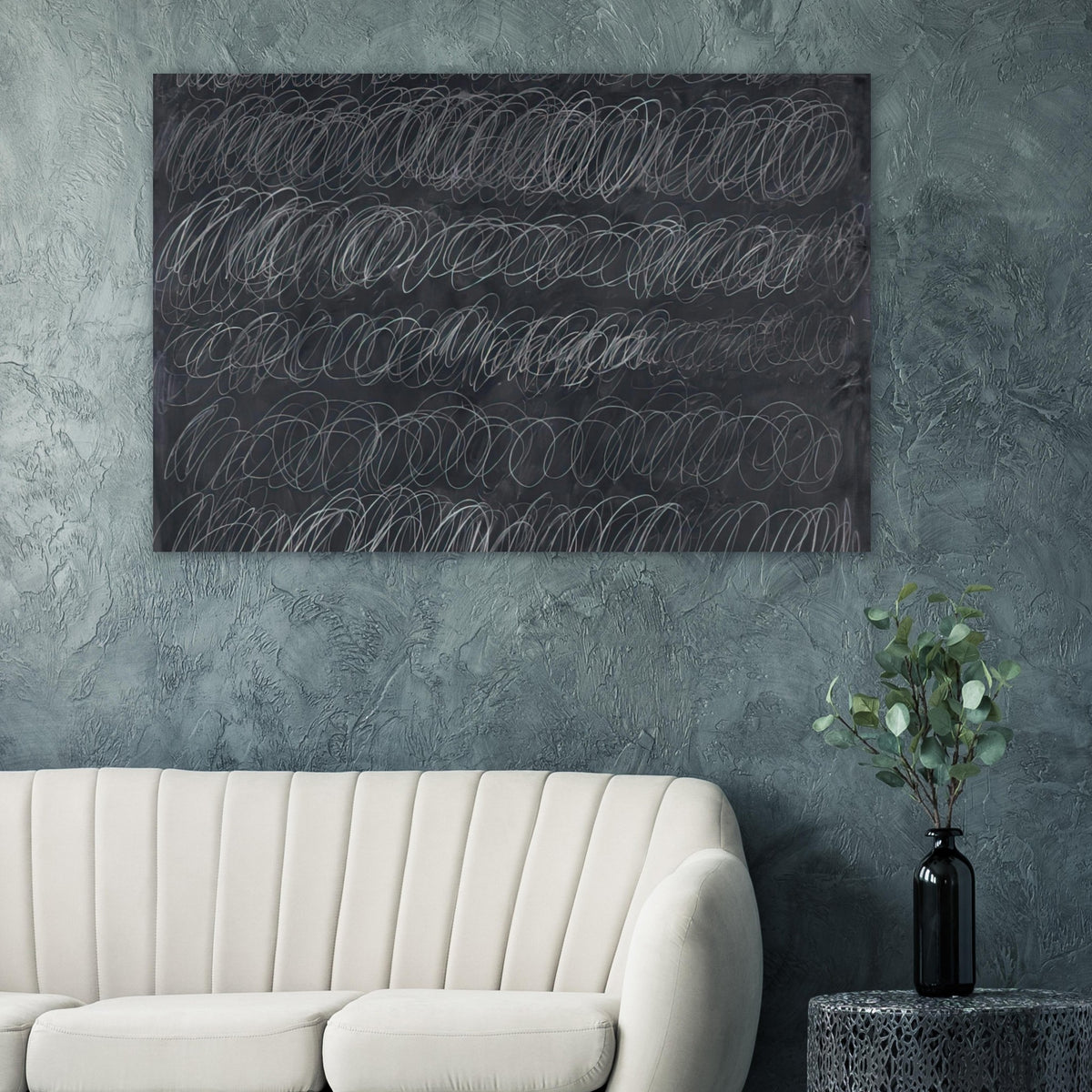 Cold Stream by Cy Twombly poster: This monochromatic composition features repeated horizontal bands of overlapping white and gray loops….