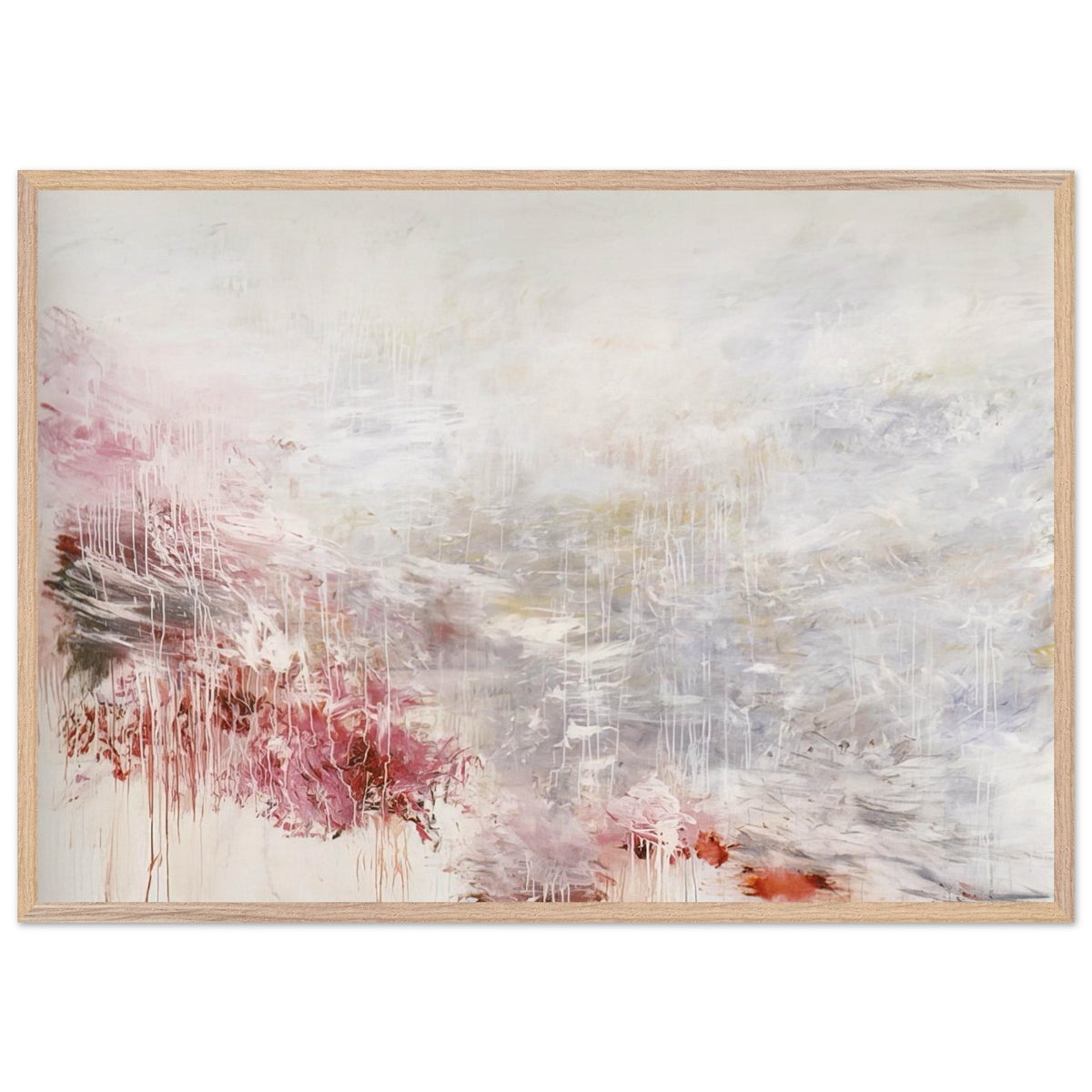 Hero and Leander (To Christopher Marlowe) [Rome] by Cy Twombly framed art print; featuring delicate washes of white, soft pink, dusty rose, and muted gray; size 70 × 100 cm (28 × 40 in); black frame.