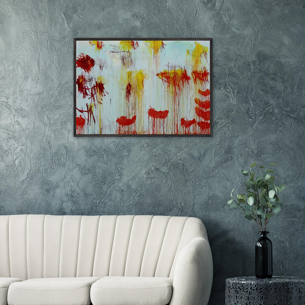Lepanto, Part XI by Cy Twombly framed art print; featuring a luminous turquoise and pale blue background with vibrant golden-yellow brushstrokes.