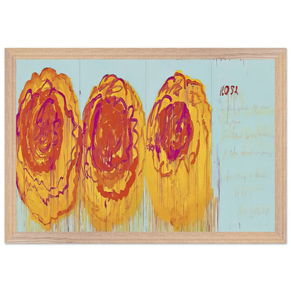 The Rose (I) by Cy Twombly framed art print; featuring three large, abstract rose forms painted in radiant golden yellow, fiery orange, deep red; size 50 × 70 cm (20 × 28 in); black frame.