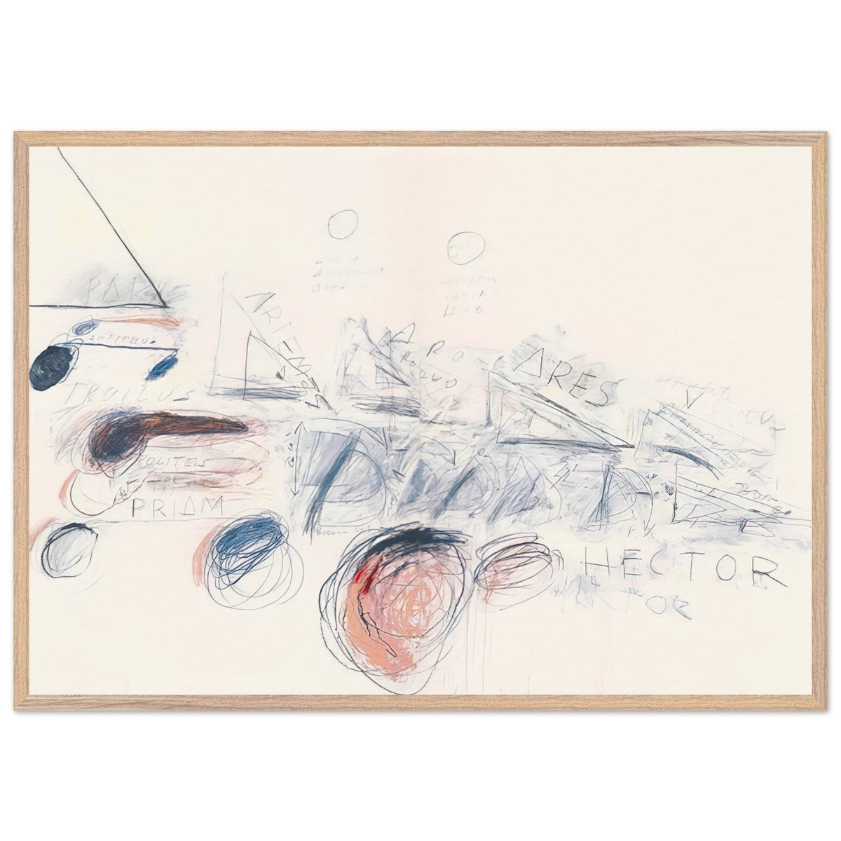 Fifty Days at Iliam: Ilians in Battle by Cy Twombly framed art print; featuring delicate blue-gray lines, energetic red marks, overlapping geometric shapes; size 70 × 100 cm (28 × 40 in); wood frame.