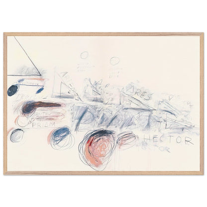Fifty Days at Iliam: Ilians in Battle by Cy Twombly framed art print; featuring delicate blue-gray lines, energetic red marks, overlapping geometric shapes; size 70 × 100 cm (28 × 40 in); wood frame.