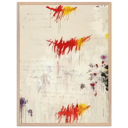 Quattro Stagioni I. Primavera by Cy Twombly, framed art print, energetic red and yellow brushstrokes, subtle purple and green details, 70x100 cm (28x40 in), white frame