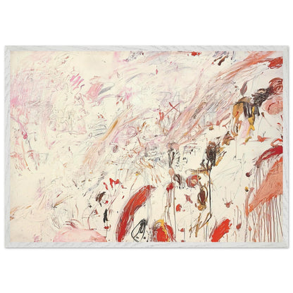 Ferragosto III by Cy Twombly framed art print; featuring energetic brushstrokes, delicate scribbles, and layered gestures in shades of red, pink, rust, orange, ochre; size 30 × 45 cm (12 × 18 in); black frame.