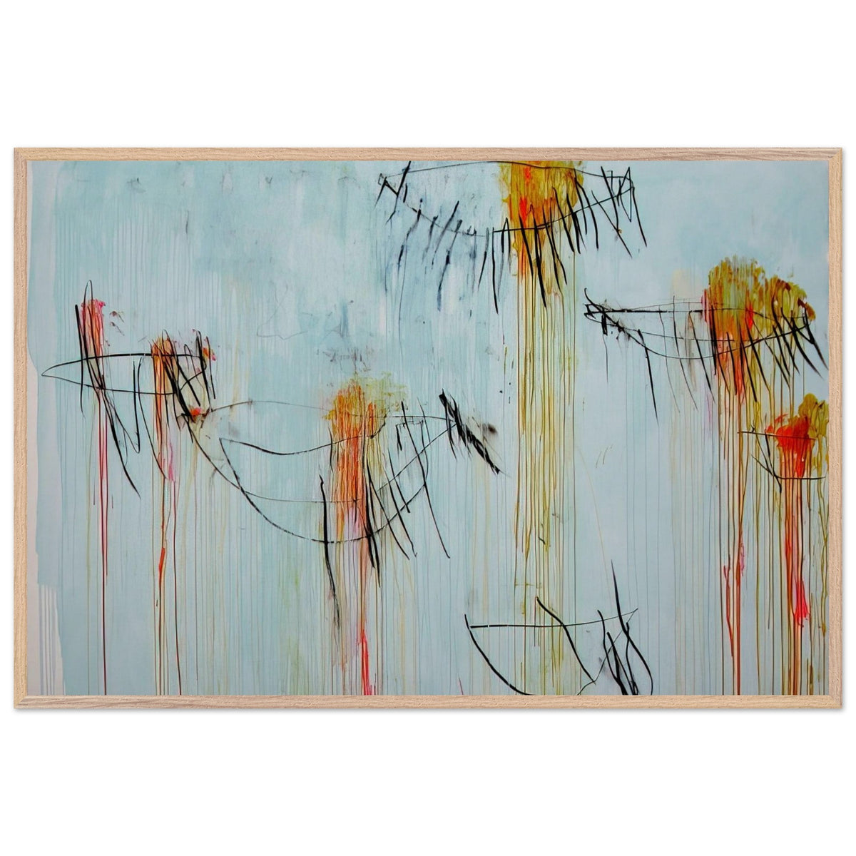 Lepanto, Part II by Cy Twombly framed art print; featuring a luminous turquoise-blue background, energetic black gestural lines, and vivid accents of yellow, orange; size A1 (59.4 × 84.1 cm); black frame.