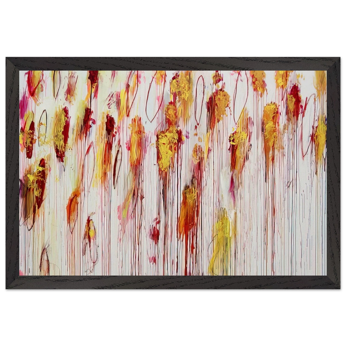 Lepanto, Part VIII by Cy Twombly framed art print; featuring vivid golden-yellow and orange brushstrokes, deep crimson and burgundy accents, delicate pink marks; size 800 × 1200 mm (32 × 48 in); wood frame.
