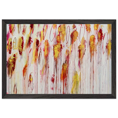 Lepanto, Part VIII by Cy Twombly framed art print; featuring vivid golden-yellow and orange brushstrokes, deep crimson and burgundy accents, delicate pink marks; size 800 × 1200 mm (32 × 48 in); wood frame.