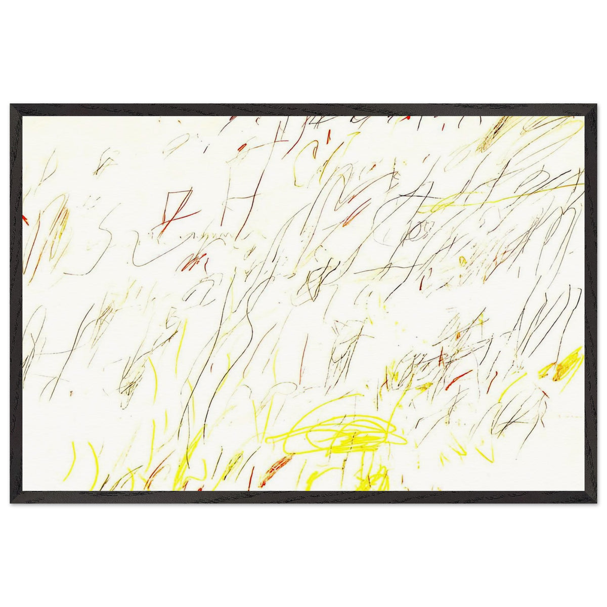 Blue Room by Cy Twombly framed art print; featuring delicate, spontaneous scribbles and gestural lines in shades of black, red, orange; size A1 (59.4 × 84.1 cm); wood frame.