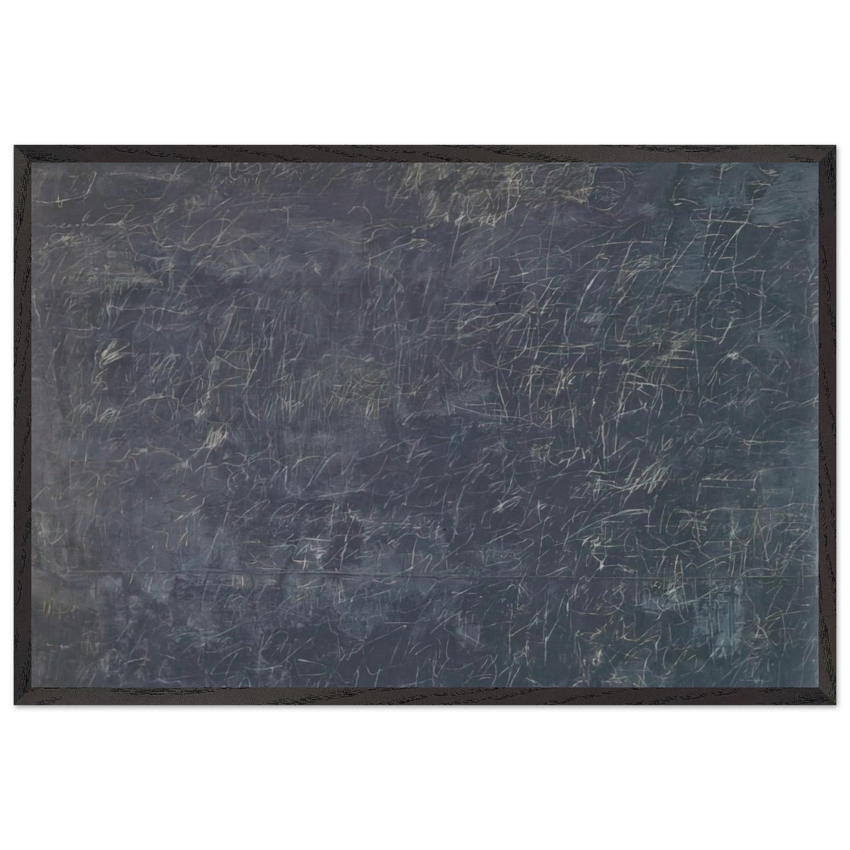 Panorama by Cy Twombly framed art print; featuring a deep charcoal-gray background covered with intricate white and pale-gray scribbles, intersecting lines; size 60 × 90 cm (24 × 36 in); wood frame.