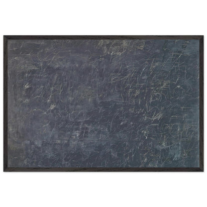 Panorama by Cy Twombly framed art print; featuring a deep charcoal-gray background covered with intricate white and pale-gray scribbles, intersecting lines; size 60 × 90 cm (24 × 36 in); wood frame.