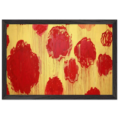 Untitled (Peonias Series) by Cy Twombly framed art print; featuring bold crimson-red and scarlet flower forms against a luminous golden-yellow background; size 50 × 70 cm (20 × 28 in); black frame.