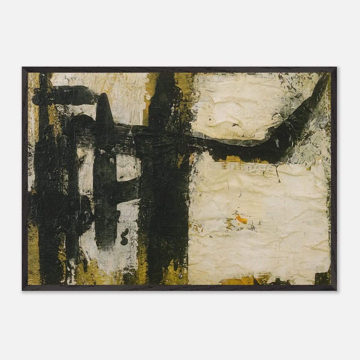 Landscape by Cy Twombly framed art print; featuring bold black and charcoal forms, textured ivory and cream surfaces, and subtle accents of ochre, olive green.