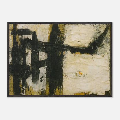 Landscape by Cy Twombly framed art print; featuring bold black and charcoal forms, textured ivory and cream surfaces, and subtle accents of ochre, olive green.