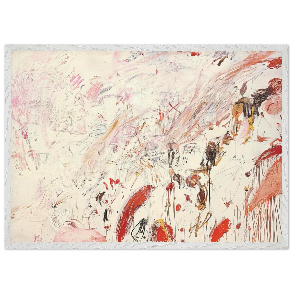 Ferragosto III by Cy Twombly framed art print; featuring energetic brushstrokes, delicate scribbles, and layered gestures in shades of red, pink, rust, orange, ochre; size 70 × 100 cm (28 × 40 in); black frame.
