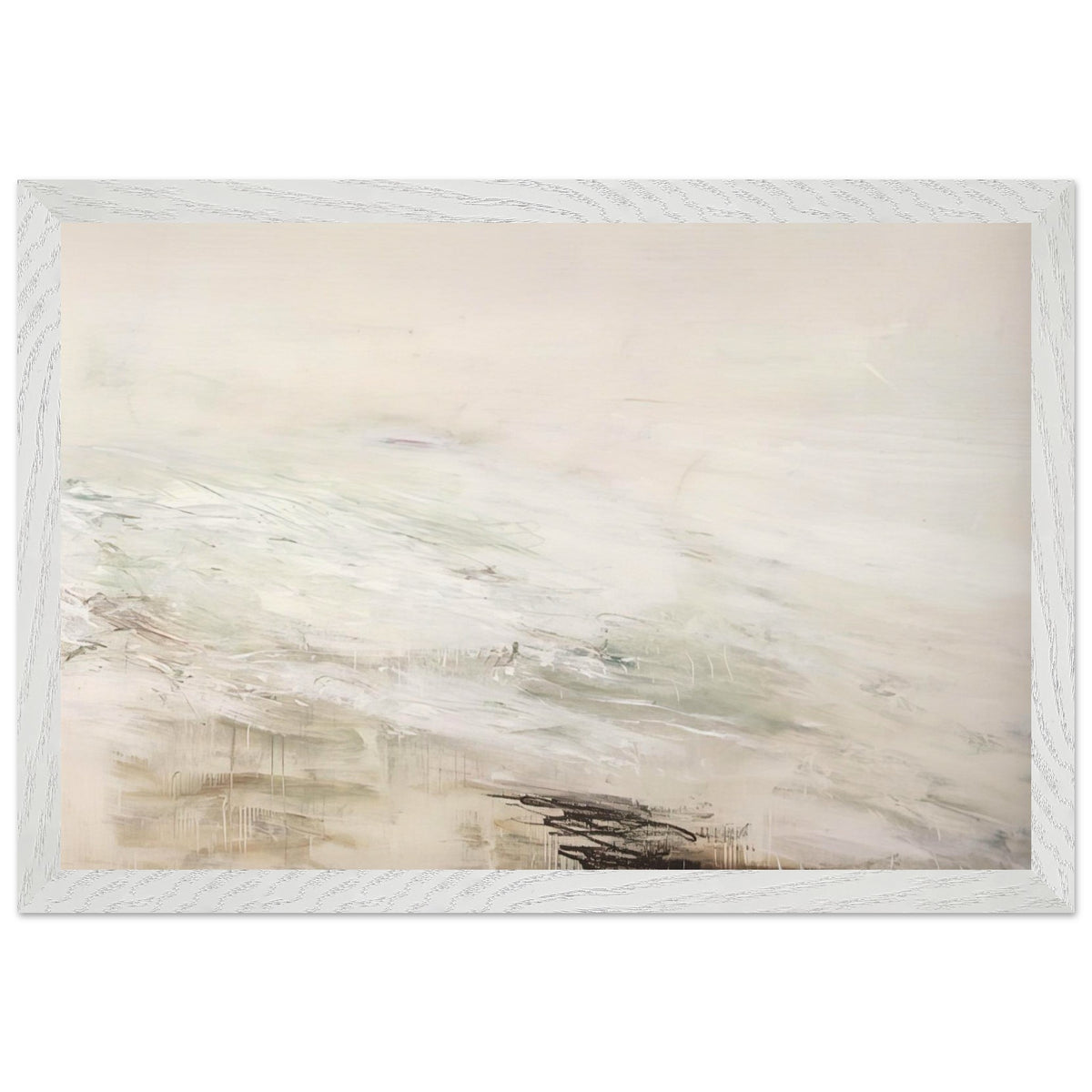 Hero and Leandro (A Painting in Four Parts) Part II by Cy Twombly framed art print; featuring expansive white and ivory tones, delicate gray marks, subtle beige and pale green hues; size 800 × 1200 mm (32 × 48 in); wood frame.