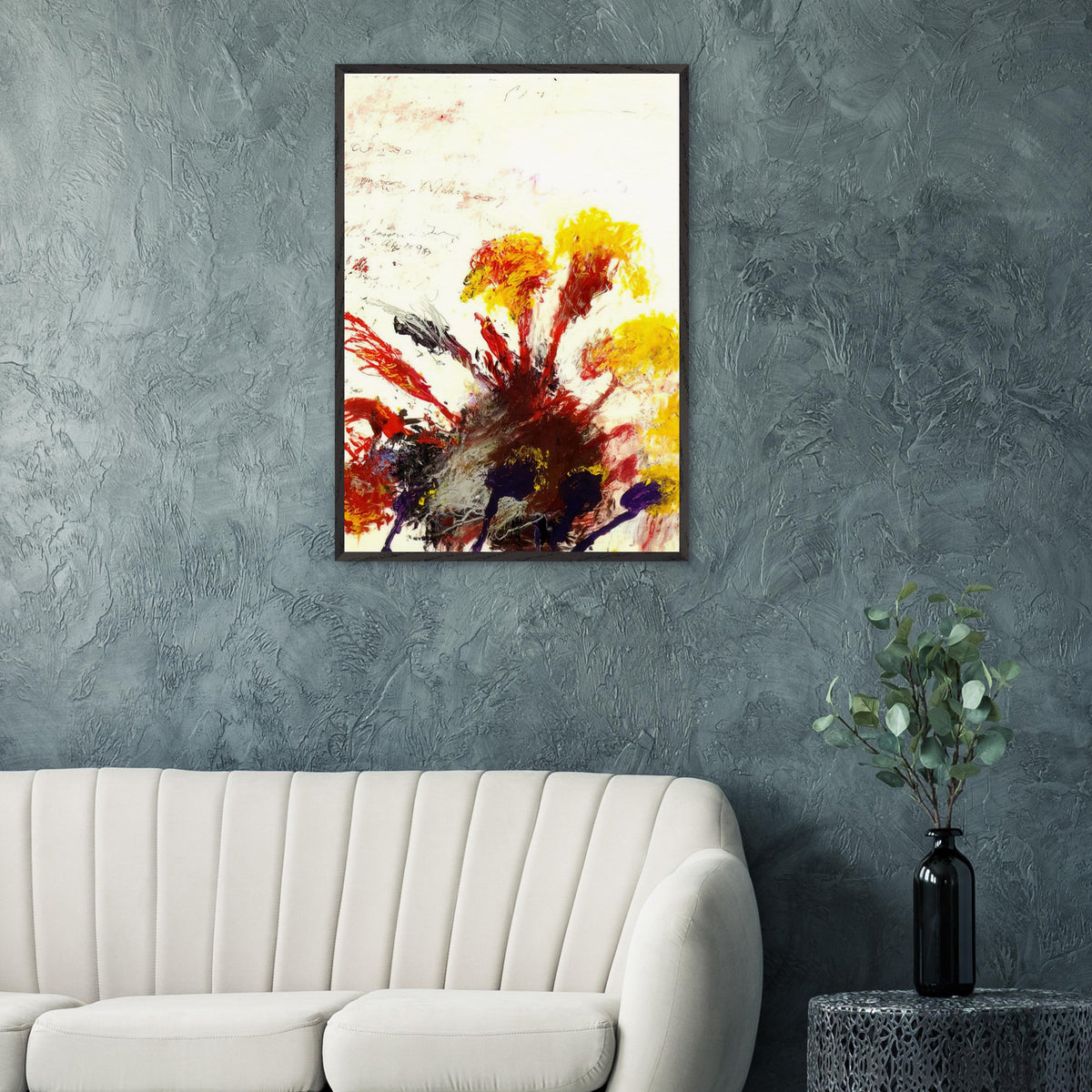 Summer Madness by Cy Twombly, framed art print, energetic red and crimson brushstrokes with bright yellow, orange
