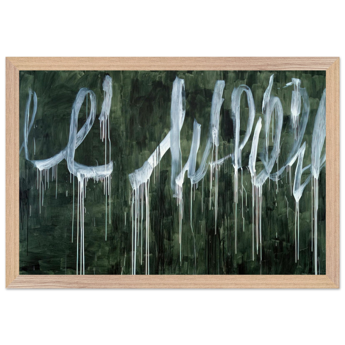 III Notes from Salalah (Note I) by Cy Twombly framed art print; featuring expressive white looping strokes and elongated paint drips against a rich, dark green background; size 70 × 100 cm (28 × 40 in); white frame.