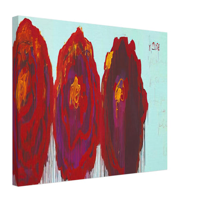 The Rose (IV) by Cy Twombly canvas print, 70 × 100 cm / 28 × 40 in: This striking composition features three large, rose-inspired forms in vivid crimson, red, orange, yellow….
