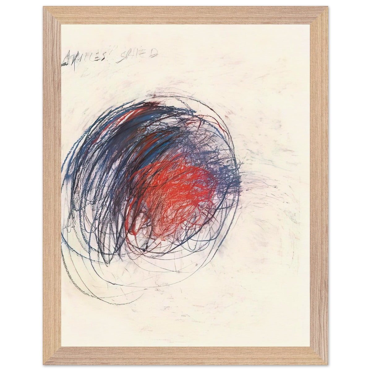 Fifty Days at Iliam: Shield of Achilles by Cy Twombly, framed art print, 50x70 cm / 20x28″, Black frame; intricate black lines, expressive red strokes, deep blue accents