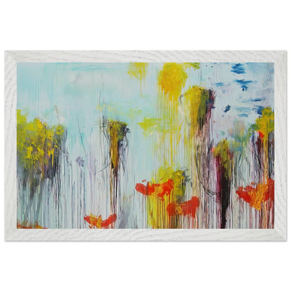 Lepanto, Part VII by Cy Twombly framed art print; featuring vibrant turquoise and aquamarine tones, vivid yellow brushstrokes, fiery orange and red accents; size 28 × 43 cm (11 × 17 in); wood frame.