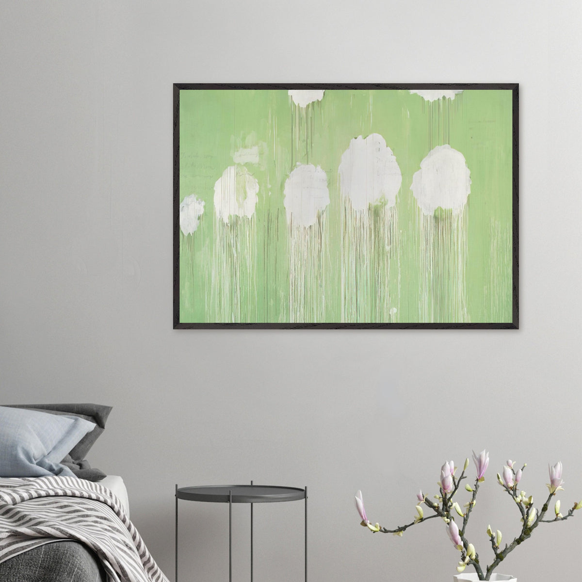 Untitled (Peony Blossom Painting) by Cy Twombly framed art print; featuring delicate white peony blossoms against a soft, luminous green background.