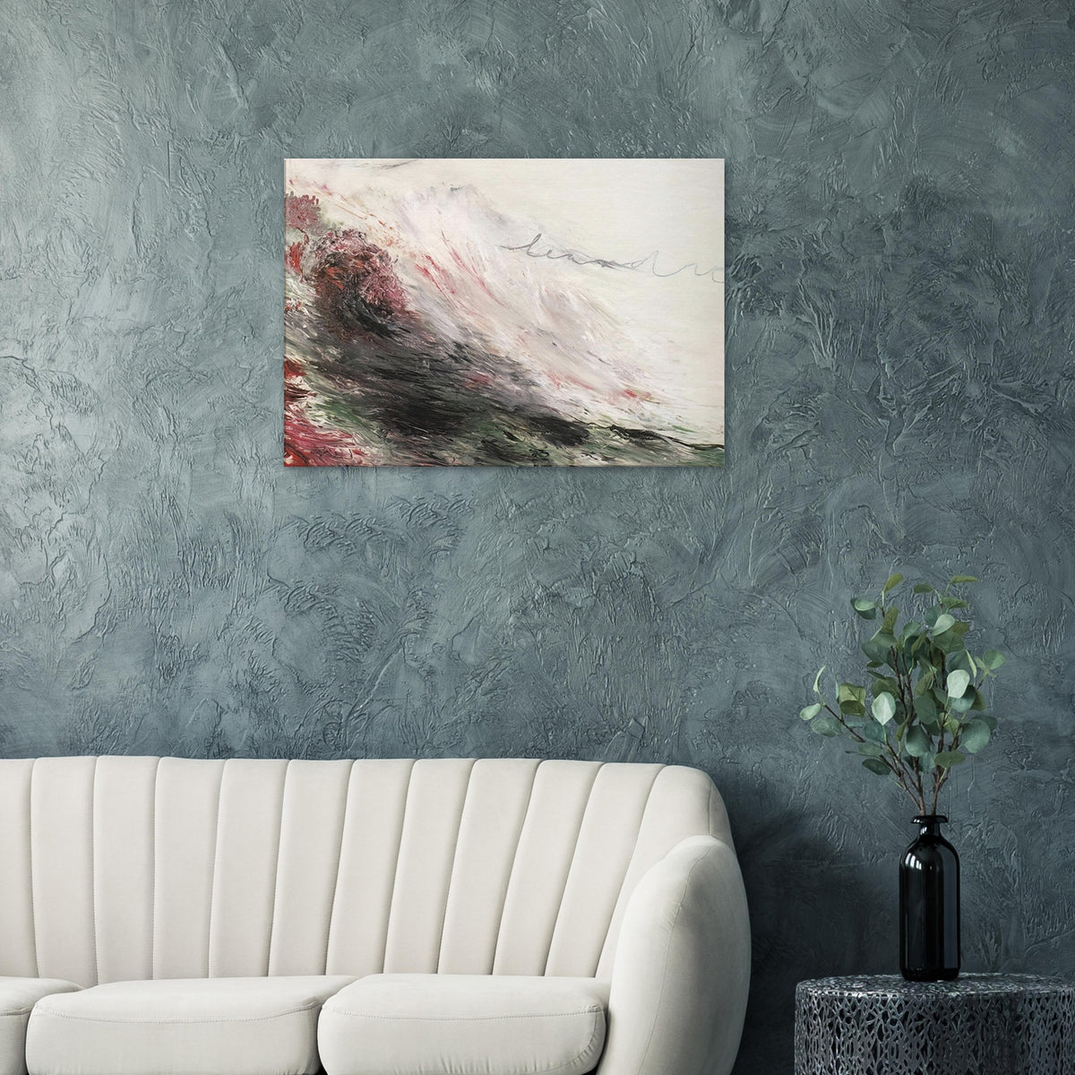 Hero and Leandro (A Painting in Four Parts) Part I by Cy Twombly canvas print: sweeping white and gray strokes with muted pink, deep green, charcoal, and earthy red tones.