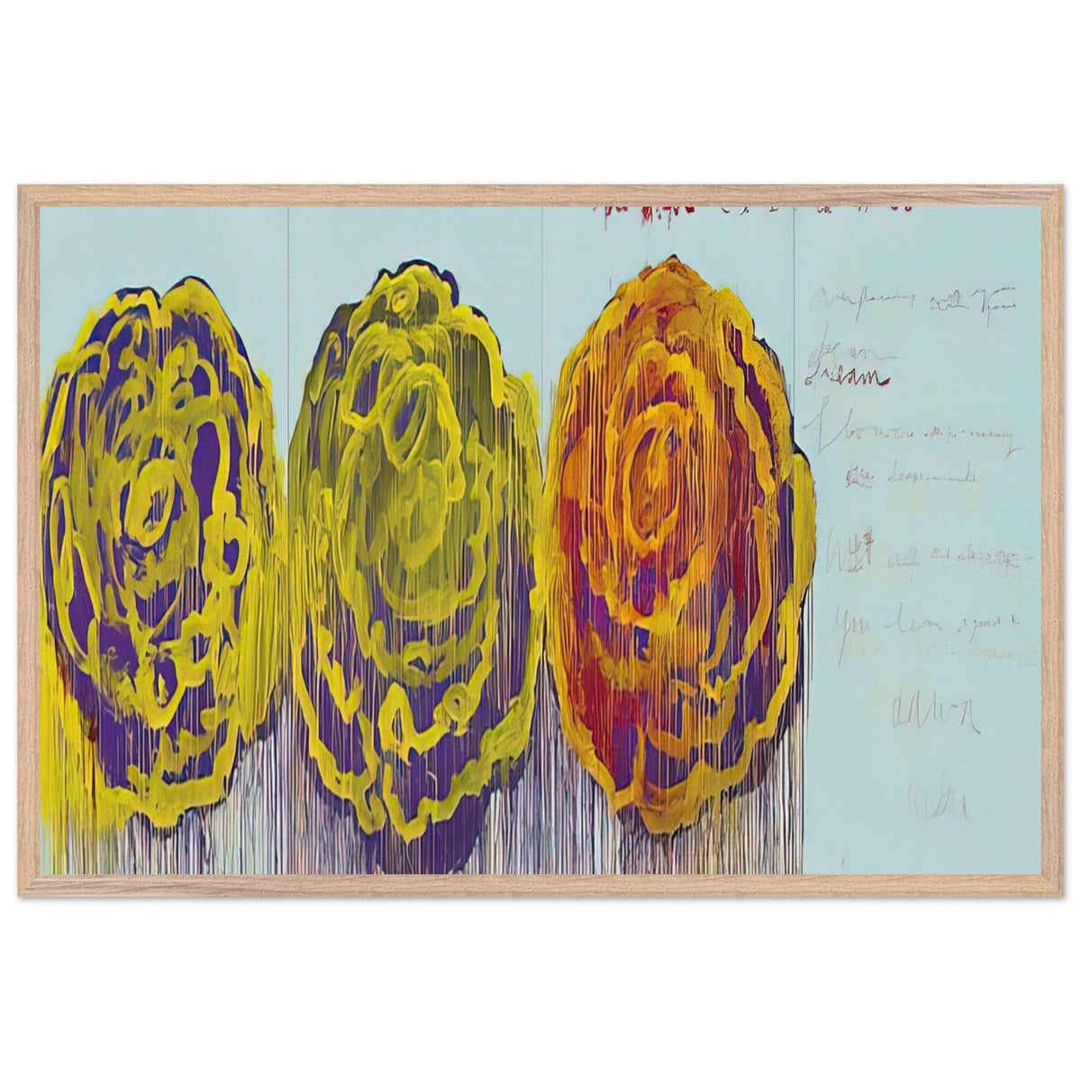 The Rose (III) by Cy Twombly framed art print; featuring three oversized rose-like forms in vivid golden yellow, fiery orange, rich magenta; size 70 × 100 cm (28 × 40 in); white frame.
