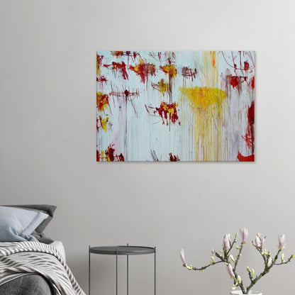 Lepanto, Part X by Cy Twombly canvas print: This striking composition features a pale blue background layered with vivid yellow, golden ochre, orange….