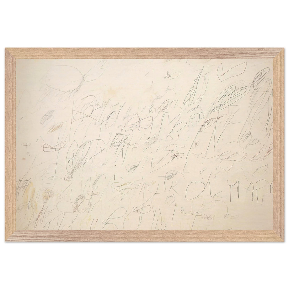 Olympia by Cy Twombly framed art print; featuring a warm ivory and pale cream background covered with delicate pencil-like lines, overlapping scribbles; size A1 (59.4 × 84.1 cm); wood frame.