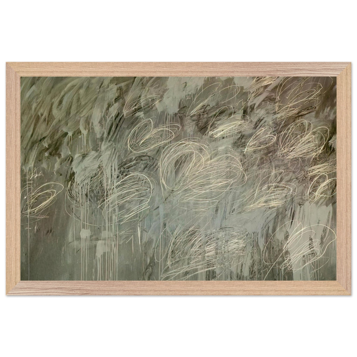 III Notes from Salalah (Note II) by Cy Twombly framed art print; featuring intricate ivory and pale gray looping lines across a richly layered background of muted olive green, gray; size 28 × 43 cm (11 × 17 in); wood frame.