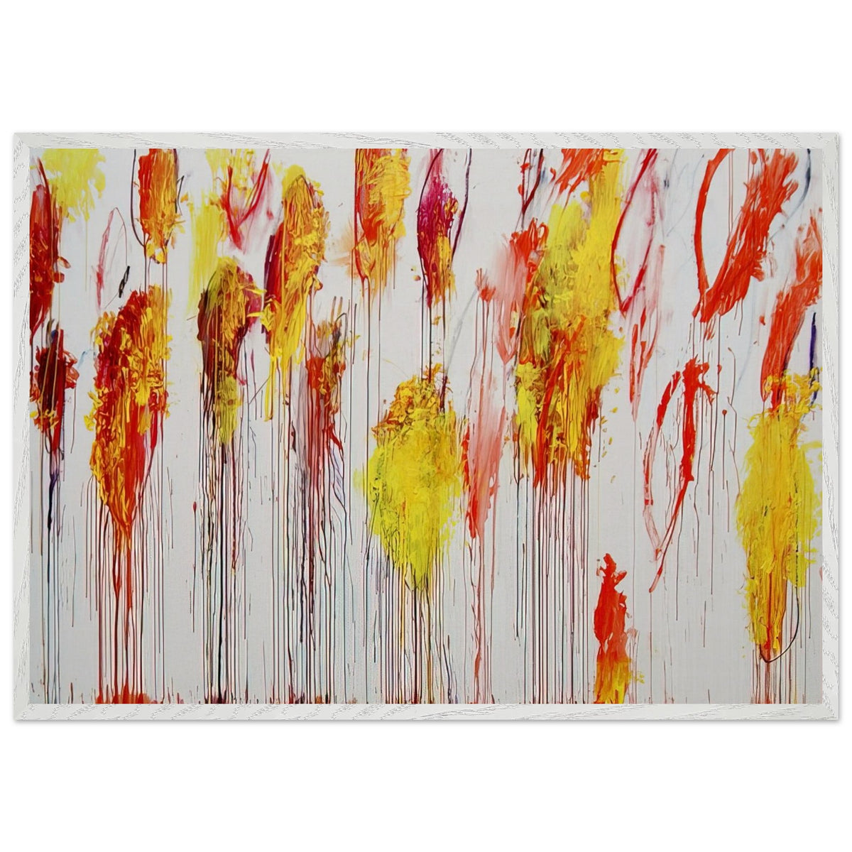 Lepanto, Part XII by Cy Twombly framed art print; featuring vibrant golden-yellow and orange brushstrokes, fiery red and crimson accents; size 70 × 100 cm (28 × 40 in); black frame.