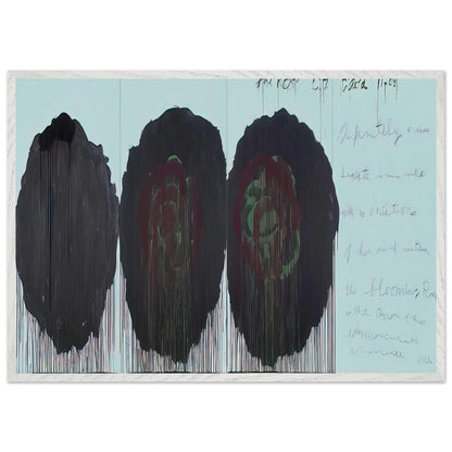 The Rose (V) by Cy Twombly framed art print; featuring three monumental rose forms in deep black, charcoal, burgundy, and dark crimson; size 70 × 100 cm (28 × 40 in); white frame.