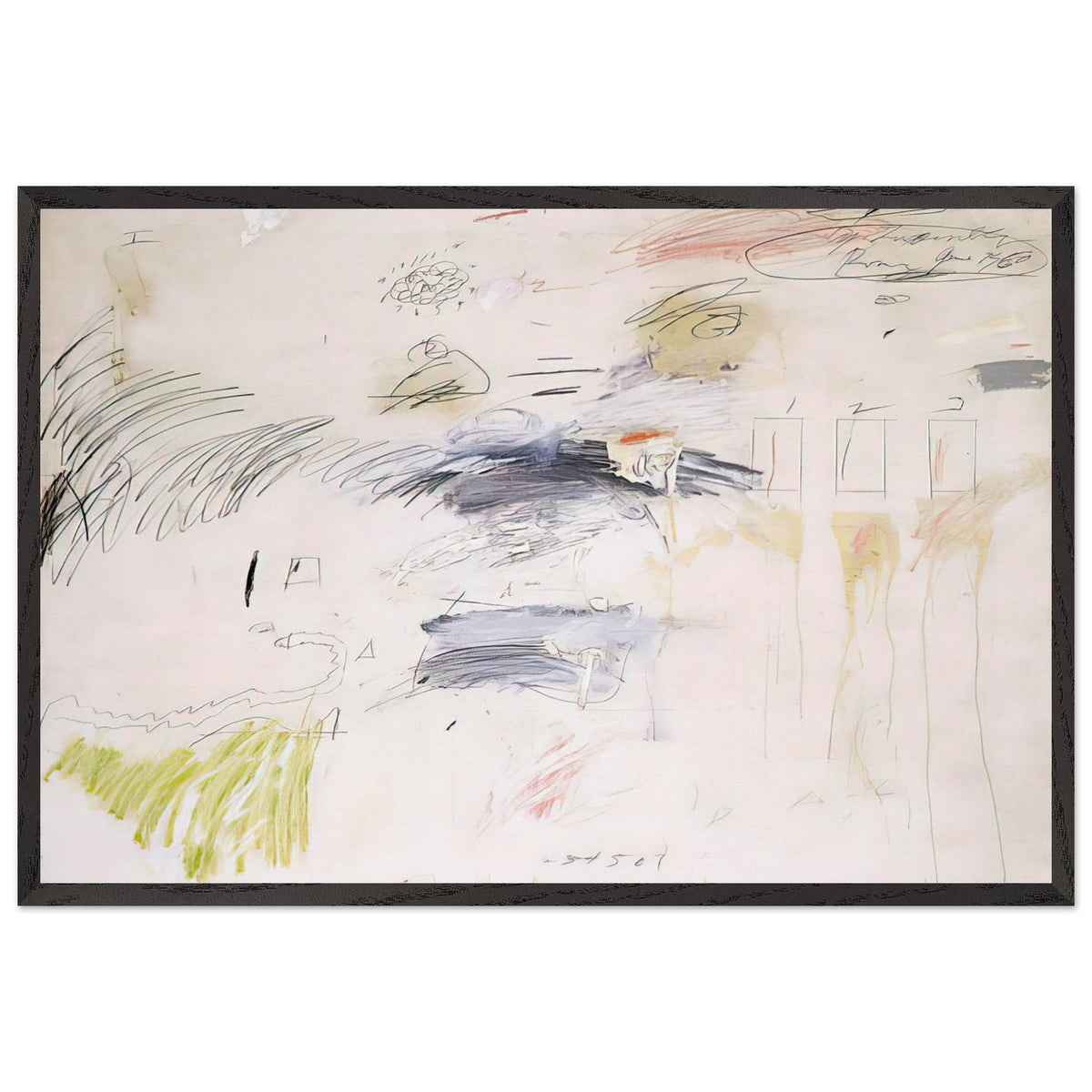Untitled, Rome by Cy Twombly framed art print; featuring a warm ivory background layered with spontaneous black and charcoal lines, delicate pencil-like gestures; size A1 (59.4 × 84.1 cm); white frame.