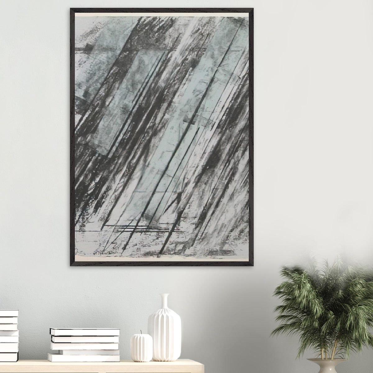 Untitled (Bastian 38) by Cy Twombly, framed art print, powerful diagonal strokes, layered black and gray marks