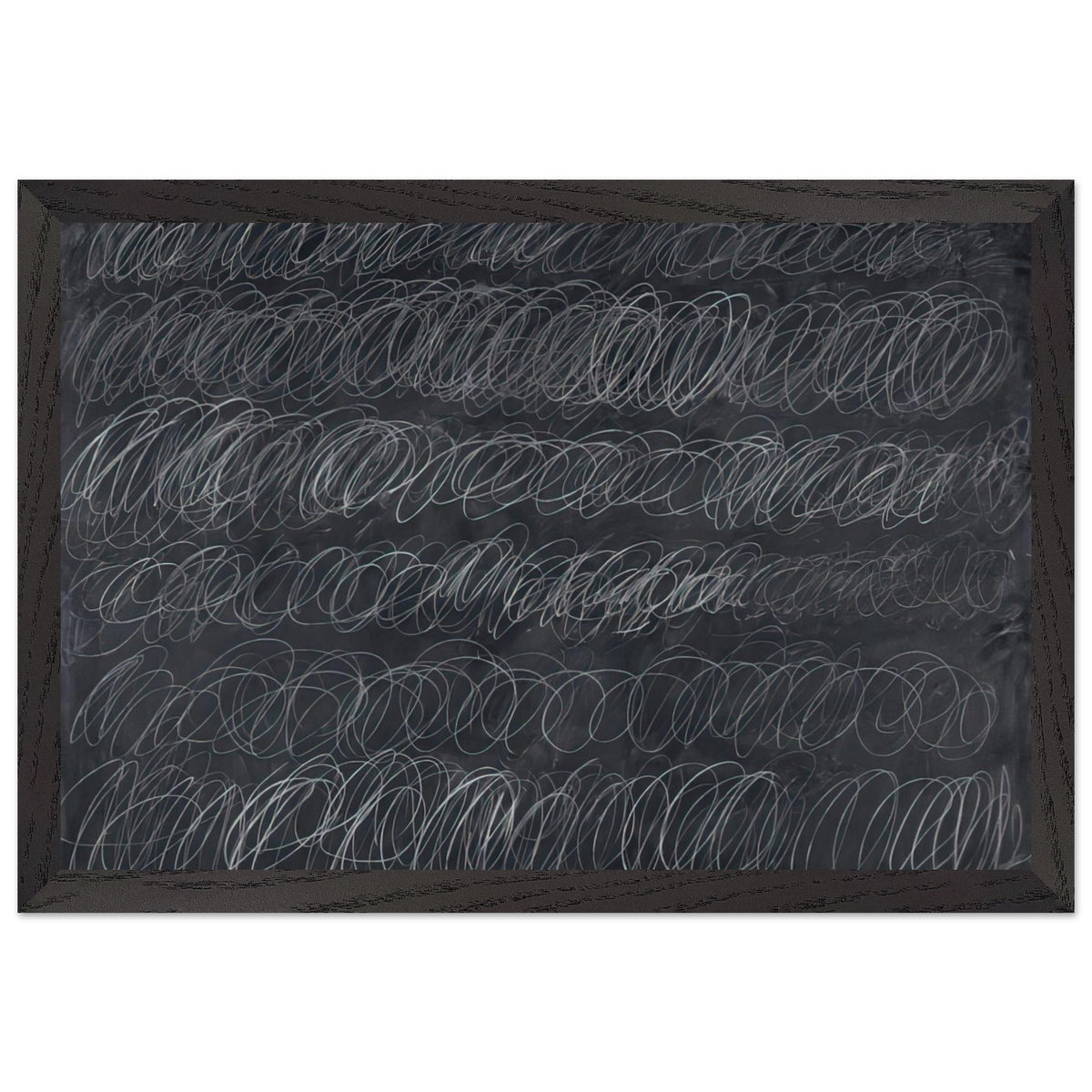 Cold Stream by Cy Twombly framed art print; featuring dense, repeating white and gray scribbled lines arranged in horizontal rows across a deep charcoal-gray; size A1 (59.4 × 84.1 cm); wood frame.
