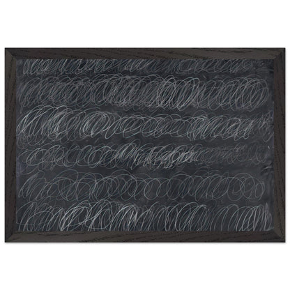 Cold Stream by Cy Twombly framed art print; featuring dense, repeating white and gray scribbled lines arranged in horizontal rows across a deep charcoal-gray; size A1 (59.4 × 84.1 cm); wood frame.