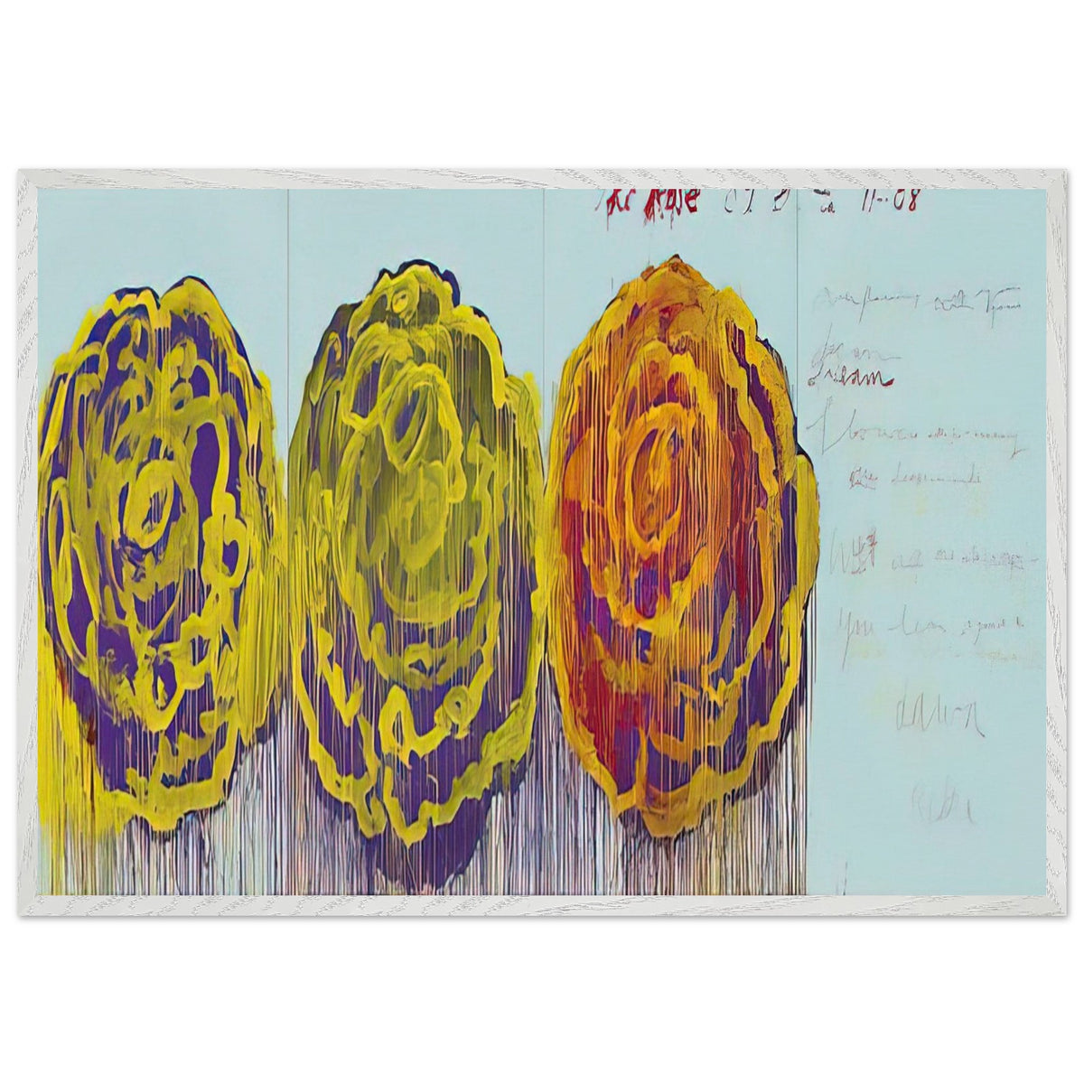 The Rose (III) by Cy Twombly framed art print; featuring three oversized rose-like forms in vivid golden yellow, fiery orange, rich magenta; size 70 × 100 cm (28 × 40 in); wood frame.
