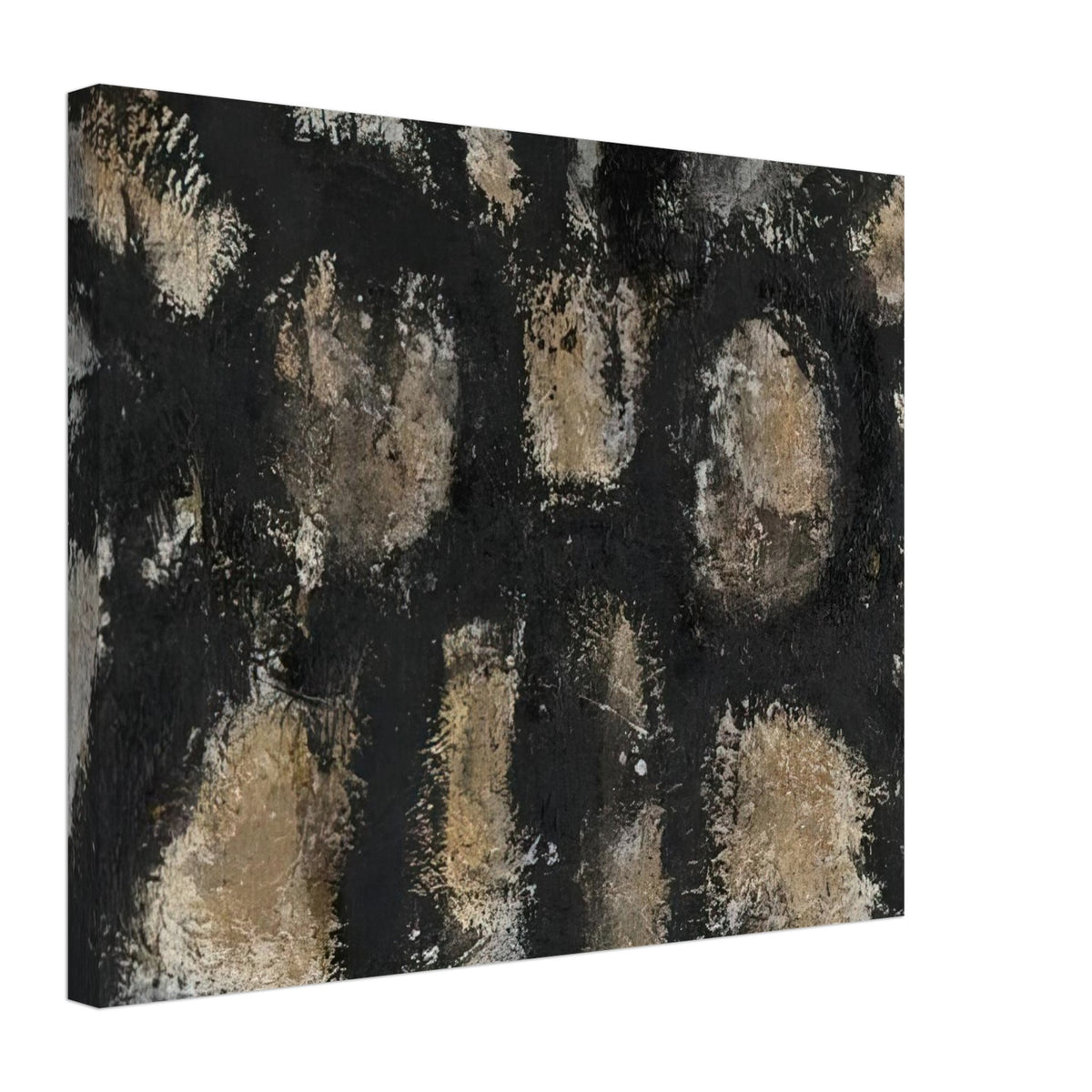 Myo by Cy Twombly canvas print, 60 × 90 cm / 24 × 36 in: This striking composition features irregular ivory, beige, and earthy forms emerging from a deep….