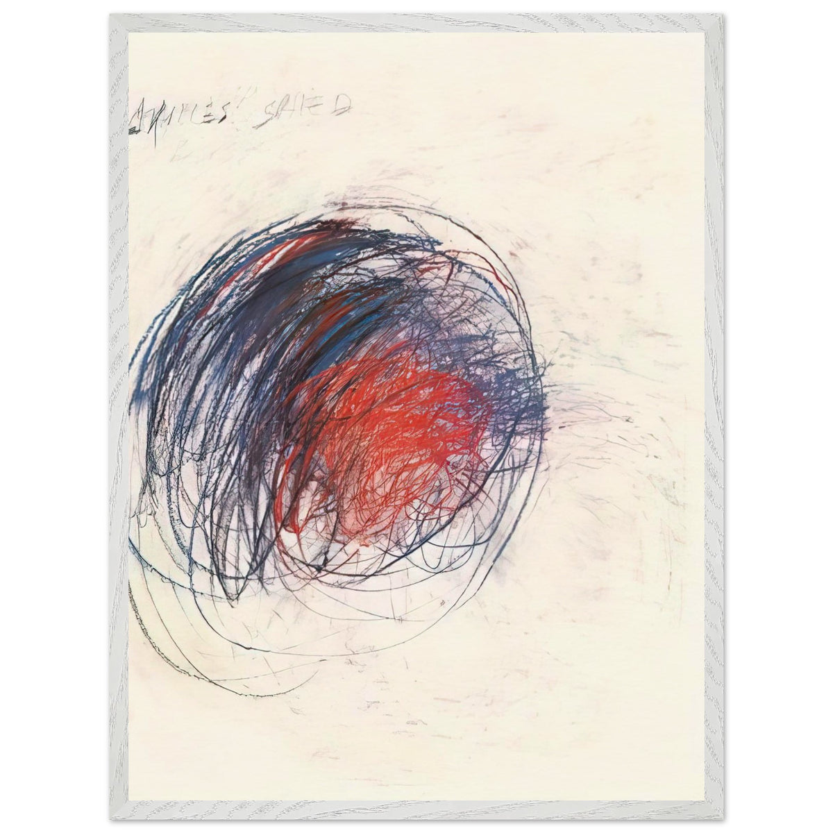 Fifty Days at Iliam: Shield of Achilles by Cy Twombly, framed art print, 70x100 cm / 28x40″, Black frame; intricate black lines, expressive red strokes, deep blue accents