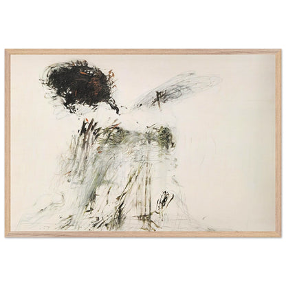 Ides of March by Cy Twombly framed art print; featuring a dramatic mass of black and dark brown marks in the upper-left area, delicate gray lines, earthy green accents; size 50 × 70 cm (20 × 28 in); black frame.