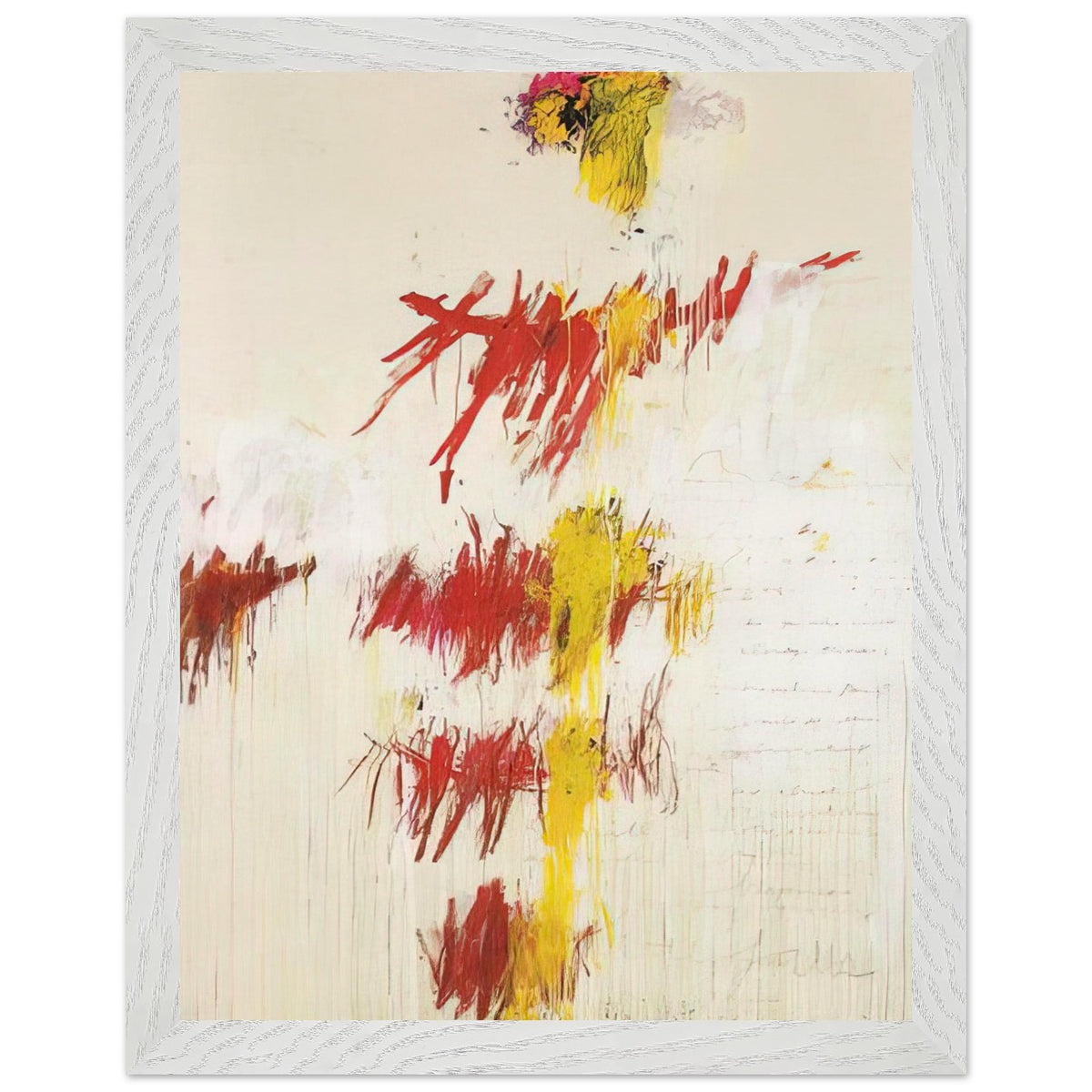 Quattro Stagioni II. Primavera by Cy Twombly, framed art print, energetic red and crimson brushstrokes, luminous yellow accents, 40x50 cm (16x20 in), wood frame