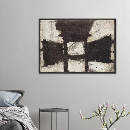 Zyig by Cy Twombly framed art print; featuring bold black and dark brown geometric forms against a textured ivory background.