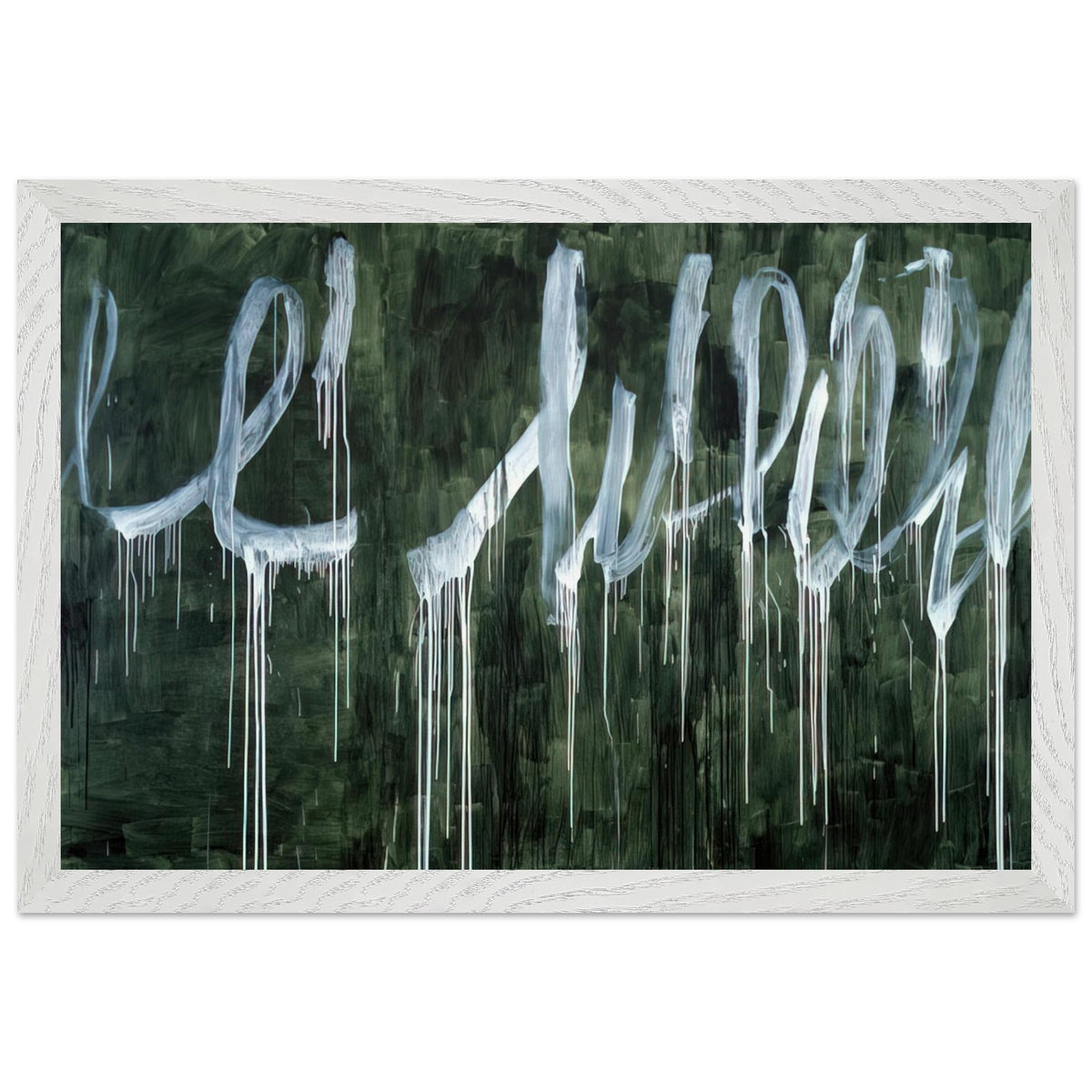III Notes from Salalah (Note I) by Cy Twombly framed art print; featuring expressive white looping strokes and elongated paint drips against a rich, dark green background; size 60 × 90 cm (24 × 36 in); white frame.
