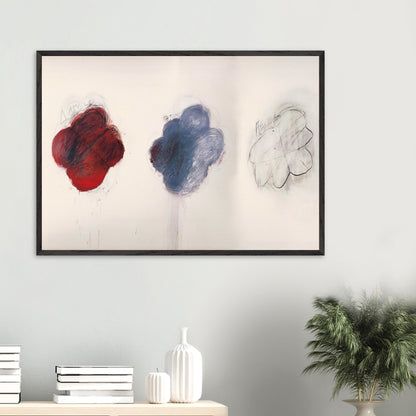 Fifty Days at Iliam: Shades of Achilles, Patroclus, and Hector by Cy Twombly framed art print; featuring three large, cloud-like forms arranged horizontally against a luminous ivory background.