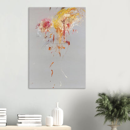 Nine Discourses on Commodus, Part IX by Cy Twombly, canvas print, soft gray background, gestural yellow and golden strokes